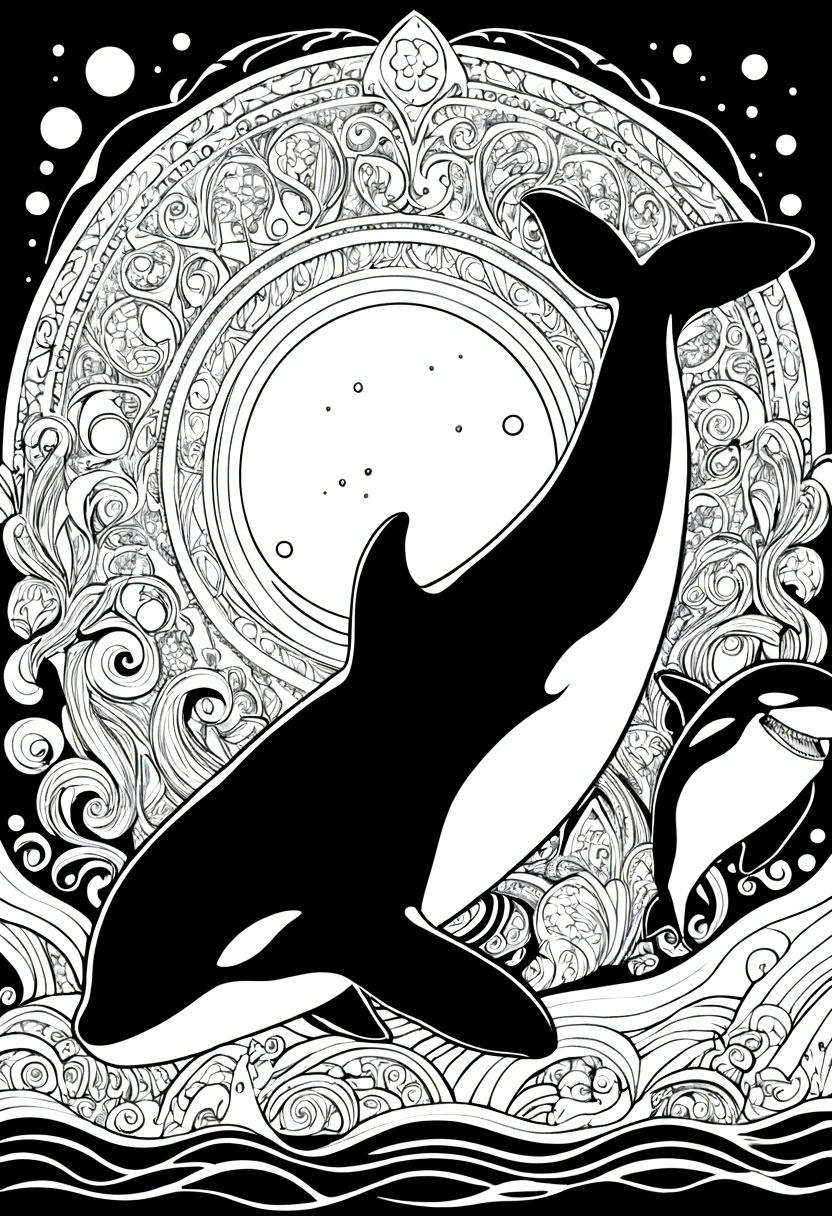 killer whale，Black and white line drawing，Line Art