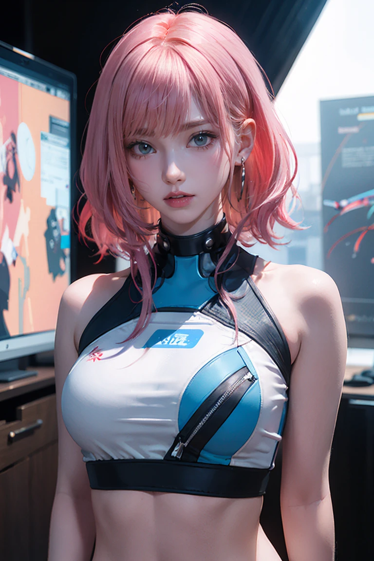 Highest quality, Ultra-high resolution, Realistic, NSFW, Cyberpunk one girl sexy pink hair、Taking photos in a studio environment with a gray background, View your viewers, Upper Body, thin, Visible cracks, Crop top,