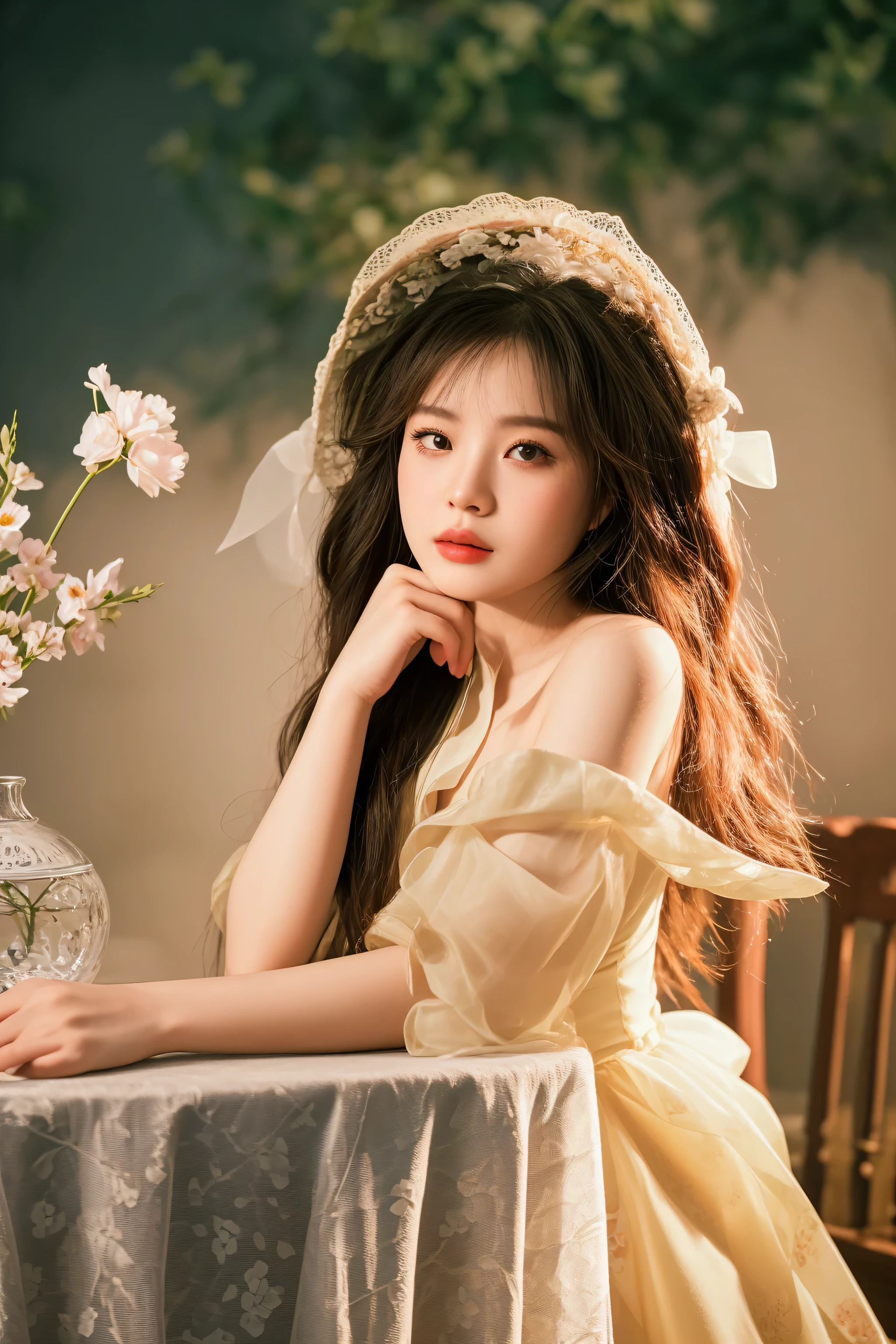 there is a woman sitting at a table with a vase of flowers, dang my linh, hoang long ly, in style of lam manh, soft portrait shot 8 k, lovely woman, mai anh tran, young wan angel, captured on canon eos r 6, a stunning young ethereal figure, beautiful portrait image, 2 d cg, portrait shot, yan