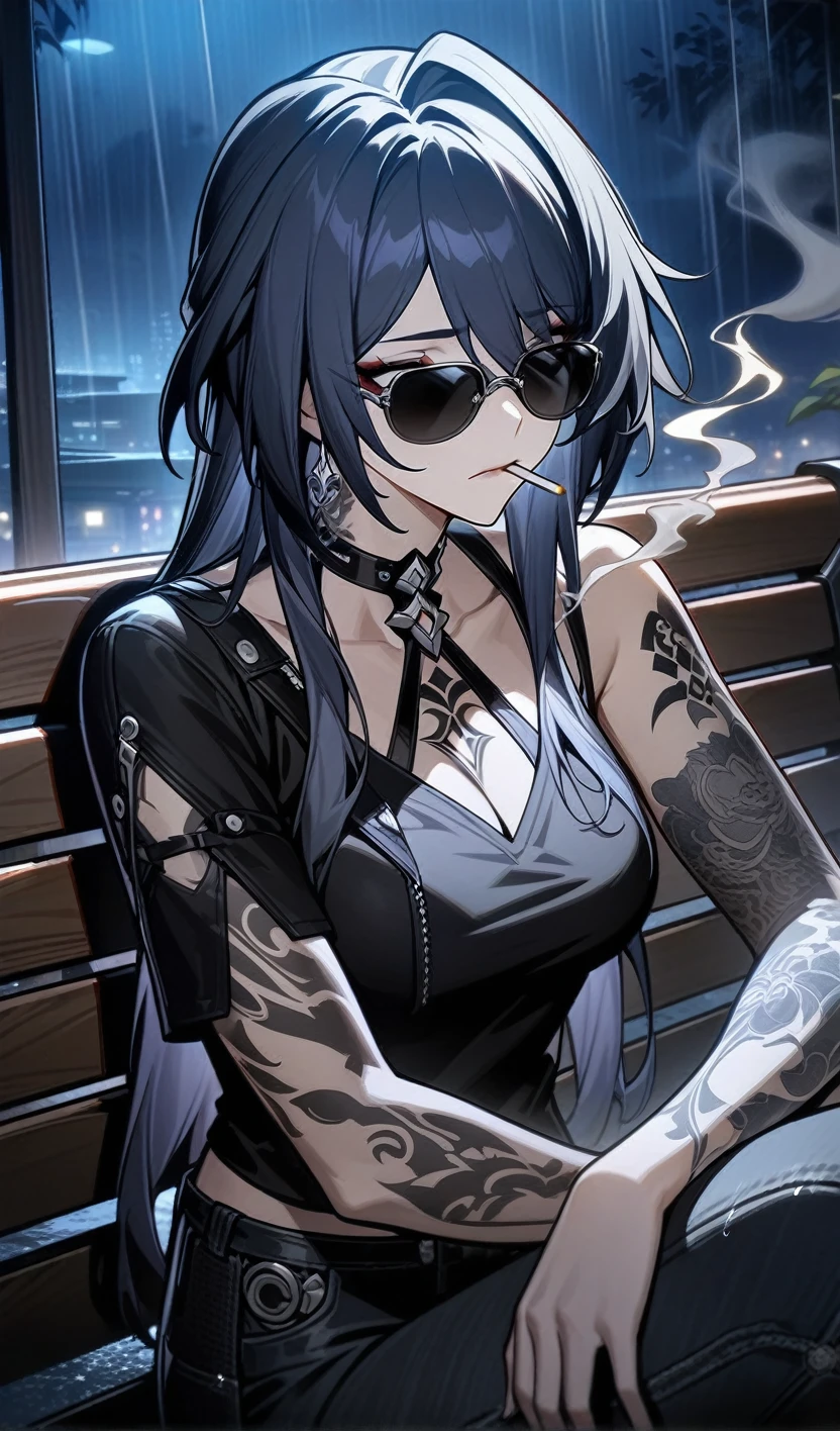 acheron from honkai star rail,1 girl,tattoo on the neck and arm,wear black modern T-Short and black modern jeans,sunglasses,Sitting on a bench,smokes a cigarette,cigarette smoke, sad face, depress, night ,rain, (best quality), ultra high res, professional artwork, ultra detailed, intricate, detailed face,