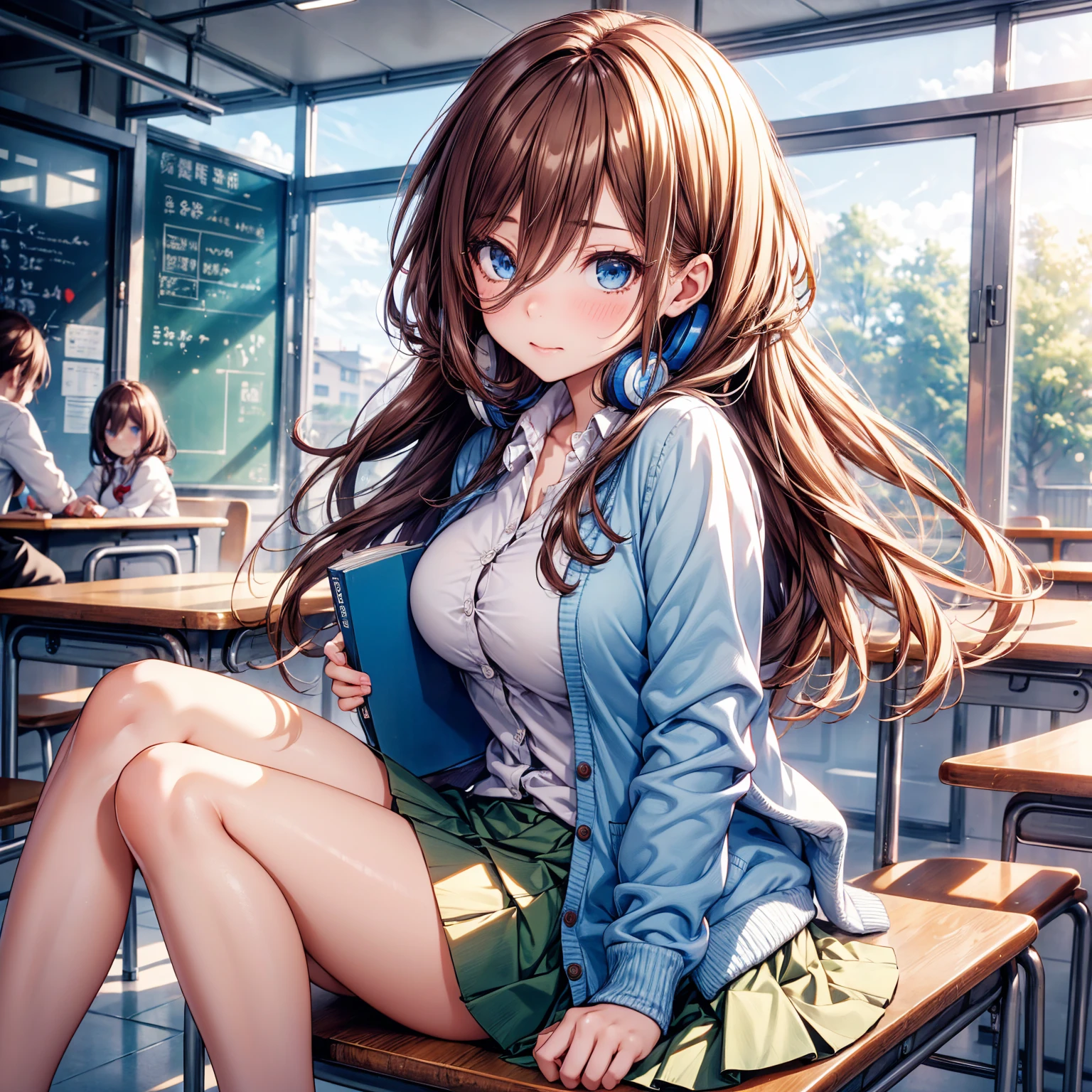 ((nakano miku)),(Masterpiece, best quality:1.2), ((girl)), (cute) ,((nfsw:1.5)), ((pretty eyes)),((Brown hair)),( hair between the eyes), (long hair), asymmetrical hair, half-up hair, ((blue Eyes)), bokeh, (correct anatomy: 1.6), ((in the school cafeteria)), (sits in the chair) , (table in front of her), (collared shirt, green skirt, sports jacket, blue cardigan), (Headphones), (embarrassed), (holds book)