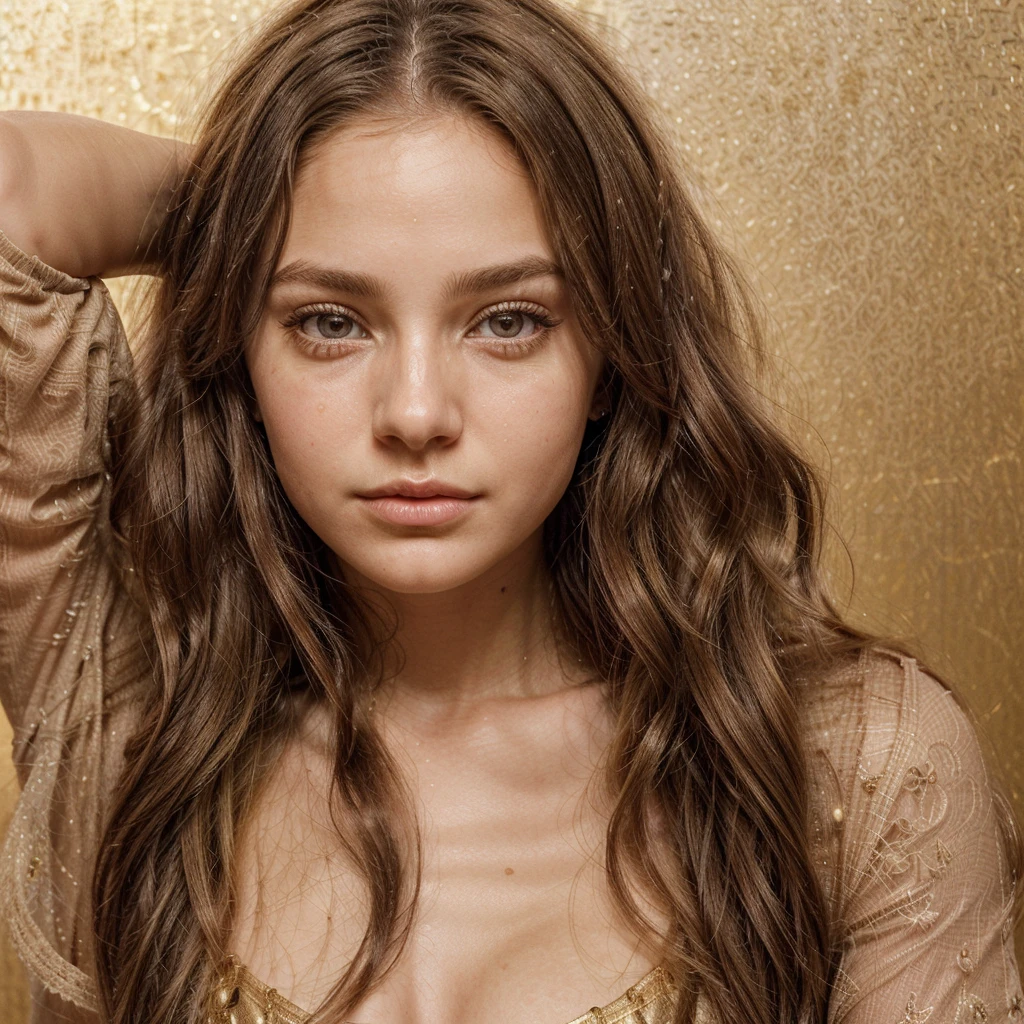 Create a highly realistic image of a 19-year-old virtual influencer named Lila Harper. She is young, with a symmetrical face, harmonious features, large expressive eyes, flawless and glowing skin, and long wavy light brown hair with golden highlights. Lila is posing artistically in a creative setting, such as a studio with interesting lighting and props.
