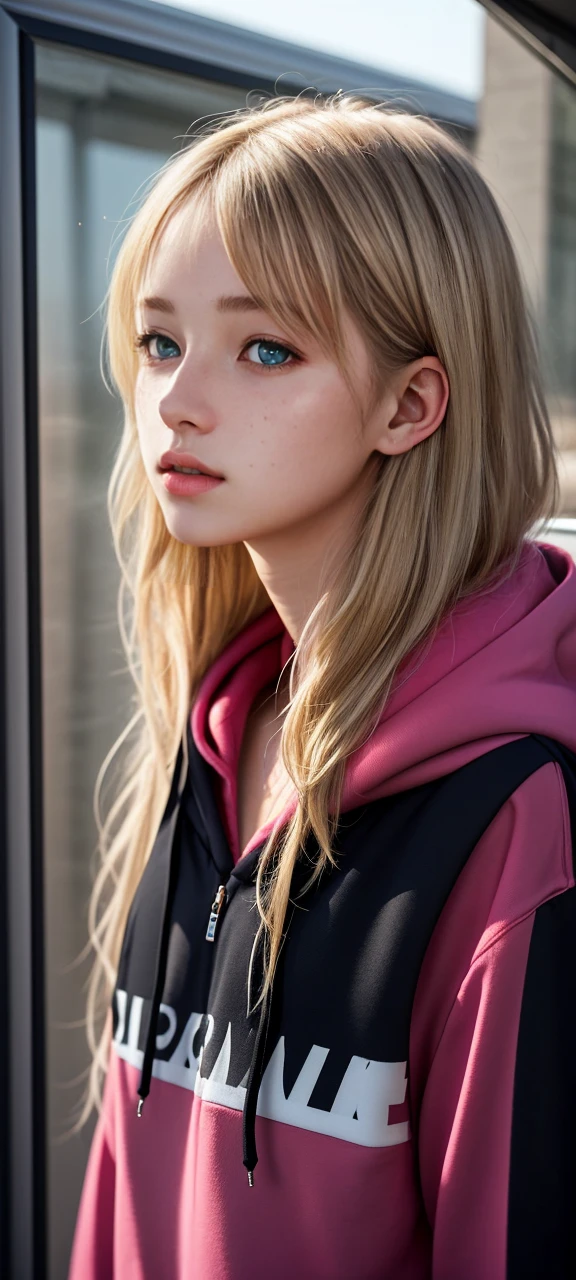 An American fourteen-year-old girl with a long face might have almond-shaped eyes, a straight nose, and full lips. Her long face might be framed by straight or slightly wavy hair, which could be blonde, brunette, or any other color. She might have a youthful glow with a sprinkling of freckles across her cheeks, and her expression could be bright and animated, reflecting her youthful energy and curiosity. Pink hoodie, hood is down.
