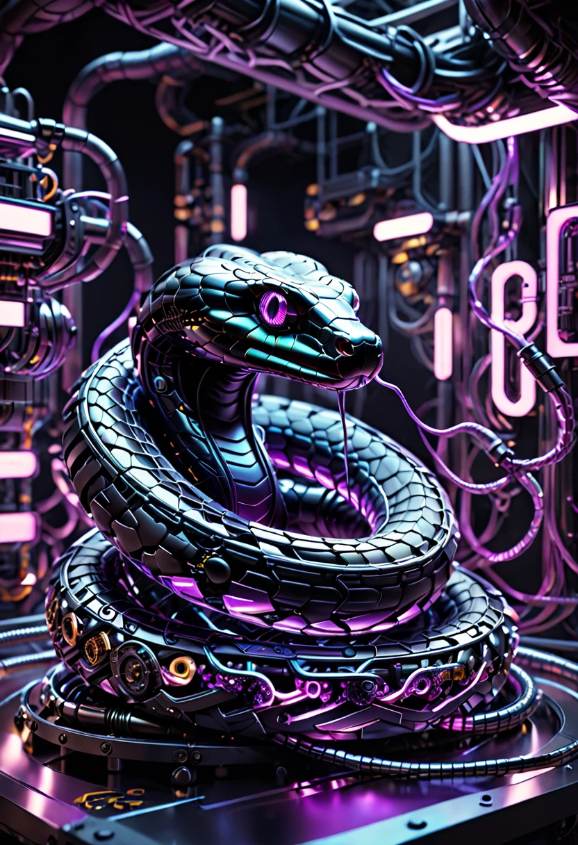 A high-resolution image of a mechanical snake, intricately designed and powered by a glowing purple nuclear core. Its body is made of matte black metal segments, connected seamlessly. The snake is interlaced with wires, cables, and pipes running along its length, with visible gears and screws adding to its complexity. The background is a dark, futuristic industrial setting, with the purple glow from the nuclear core casting a subtle light on the snake’s matte black metal and intricate components. The scene exudes advanced technology and a sense of formidable power.