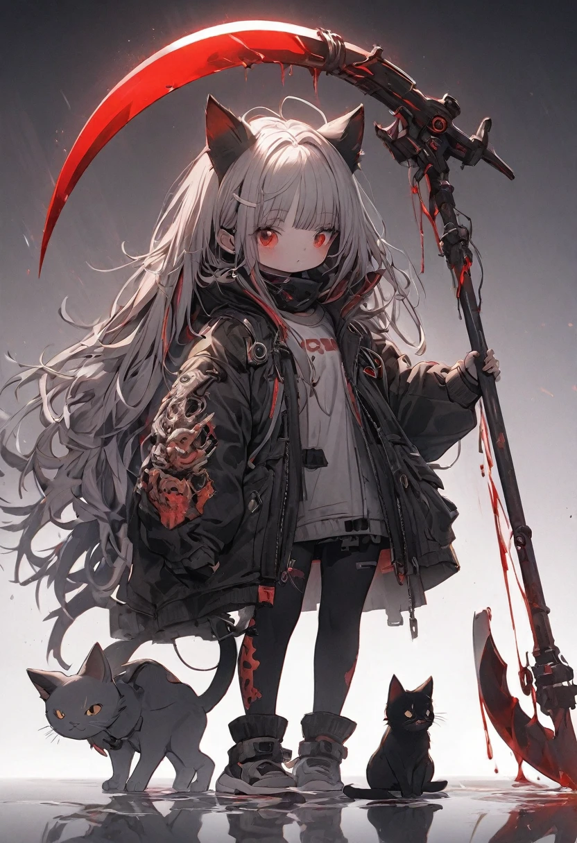 Detailed silhouette of a cyberpunk girl with cat ears and a tail, wearing a flowing, tattered coat, holding a blood huge scythe that includes a mechanical cat design, standing on a glossy, reflective surface with a minimalistic, soft gray background.