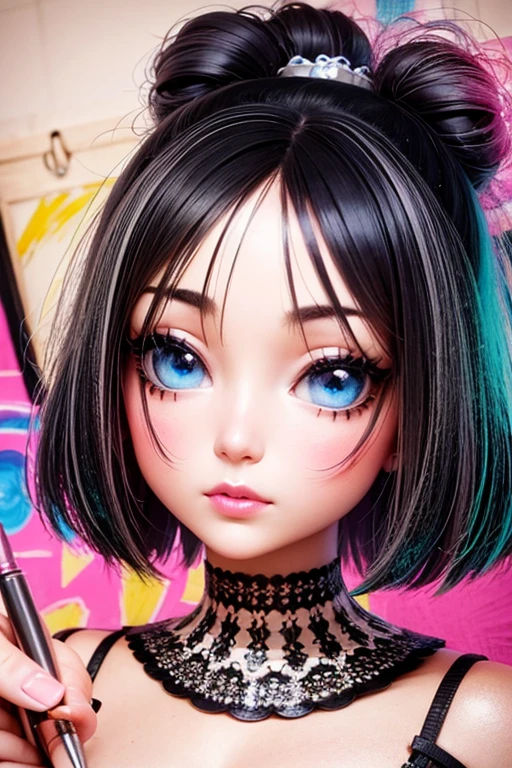 Fashion illustration pen and ink neon chibi blythe new boho style, hairstyle tied hair, texture, collage, ceramics, paint color style, cartoon, intricate details, sharp focus, 3d, double exposure, high resolution, by artist