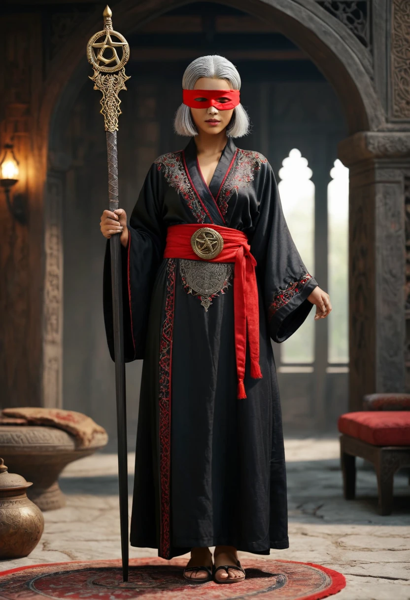 (fantasy character), (archaic embroidered robe:1.3), (black robe:1.3), (wears red blindfold over eyes:1.3), (has scars like tear tracks on face:1.3), (wizard), (5' 8" tall), female, (age 27), (unnatural flat gray skin color:1.3), (Middle-Eastern ethnicity), (iron-gray hair:1.3), (buzzcut:1.3), (slender), (beautiful), (sandals with ties), (has gold ring on hand:1.3), (bears a staff:1.3), (has dagger at belt:1.3), (amulet with pentacle:1.3), (4k textures), intricate, elegant, (highly detailed), (cinematic look), (soft tones), (insane details), (intricate details), hyperdetailed, (low contrast), (soft cinematic light), (dark colors), (looking at viewer)