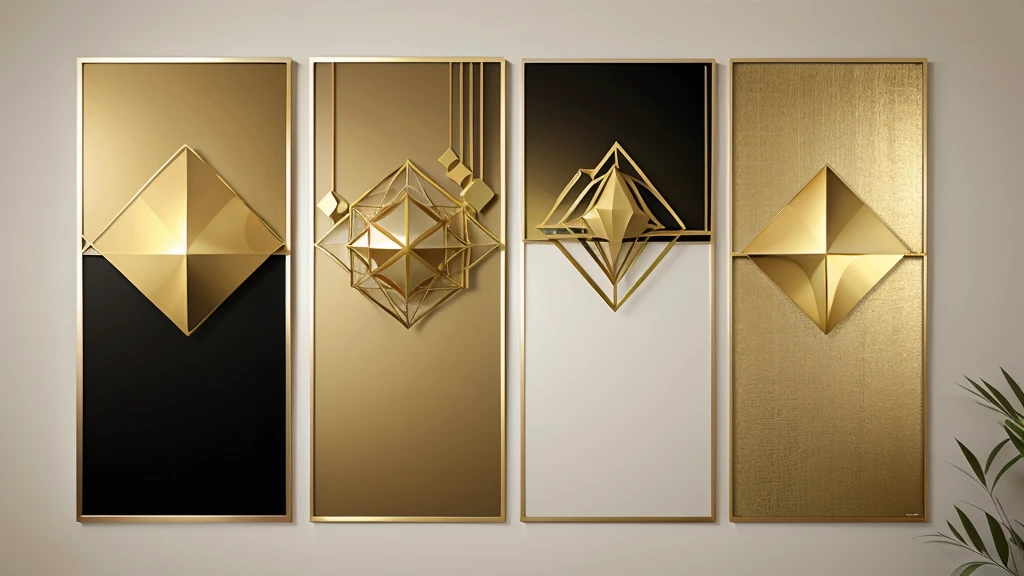 Set of three abstract posters with geometric shapes in gold frames, neutral background