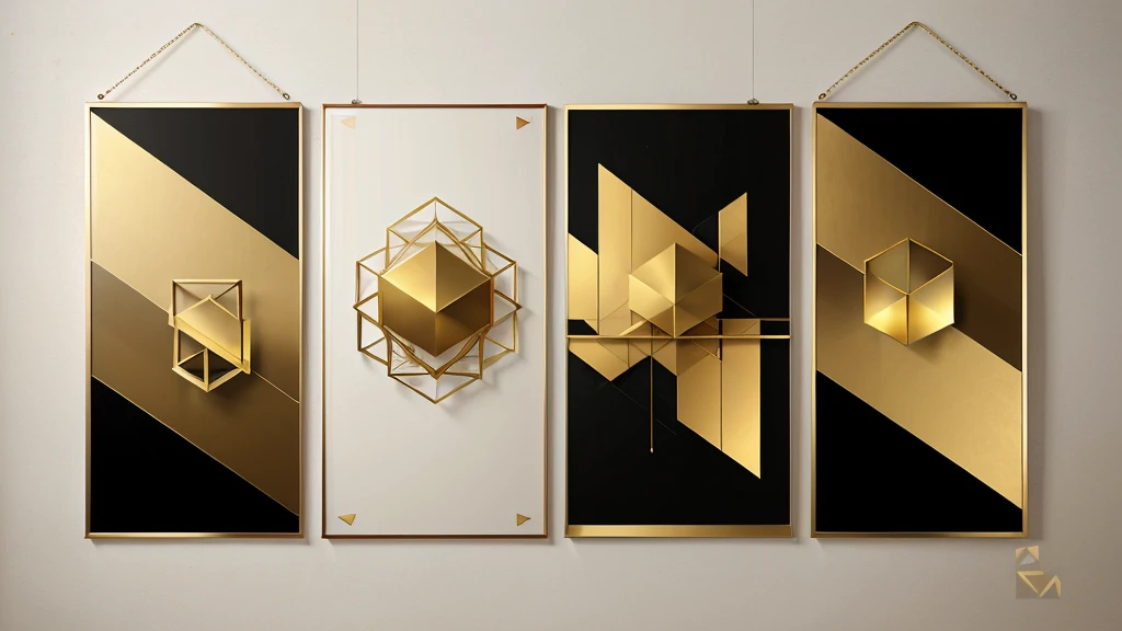 Set of three abstract posters with geometric shapes in gold frames, neutral background