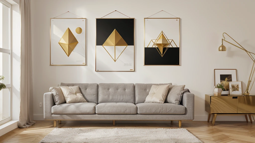 Set of three abstract posters with geometric shapes in gold frames, neutral background