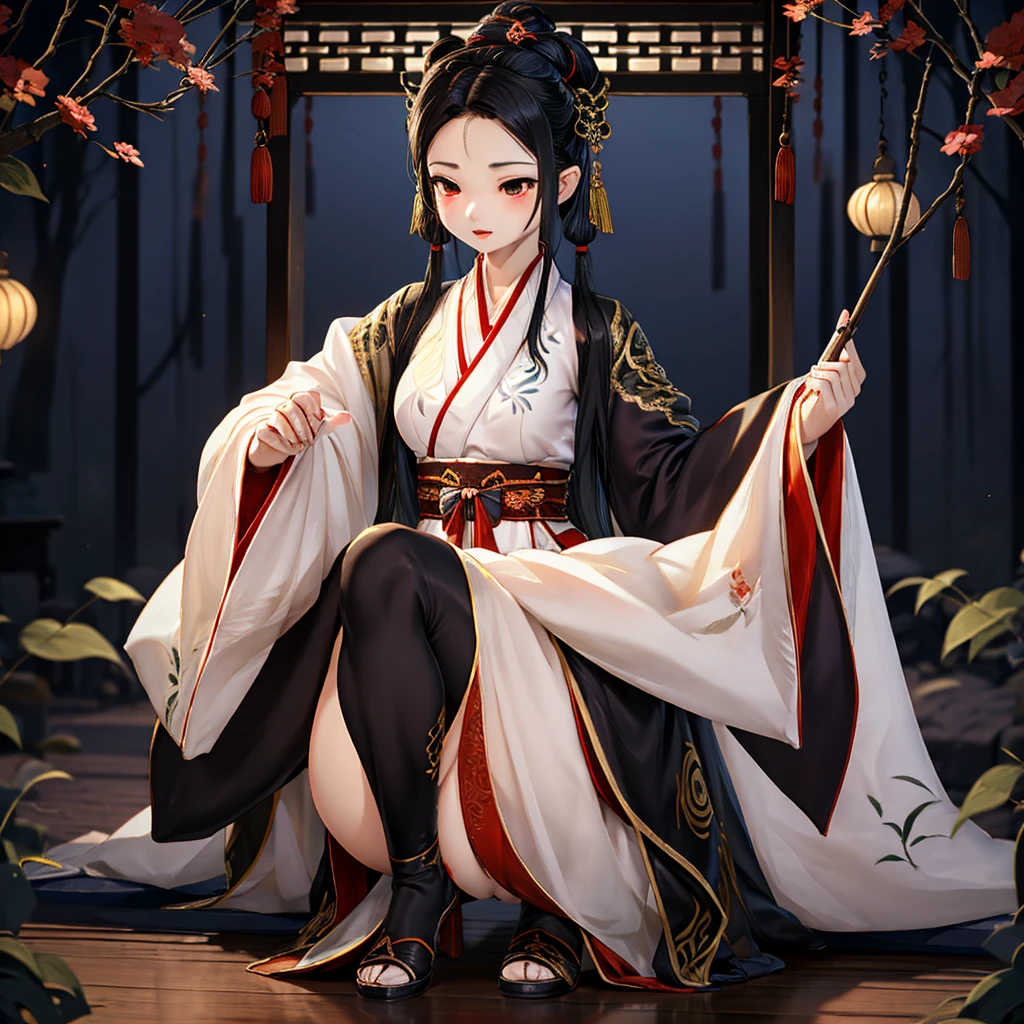 Yama Girl，Chinese underworld style，Chinese ghost style，black与红色与青蓝色，Spooky style，black，大butt女孩，Girl crouching，butt，大butt，Lift up the skirt，Hanfu，Hanfu，Chinese style