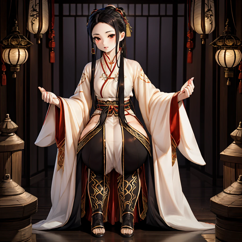 Yama Girl，Chinese underworld style，Chinese ghost style，black与红色与青蓝色，Spooky style，black，大butt女孩，Girl crouching，butt，大butt，Lift up the skirt，Hanfu，Hanfu，Chinese style