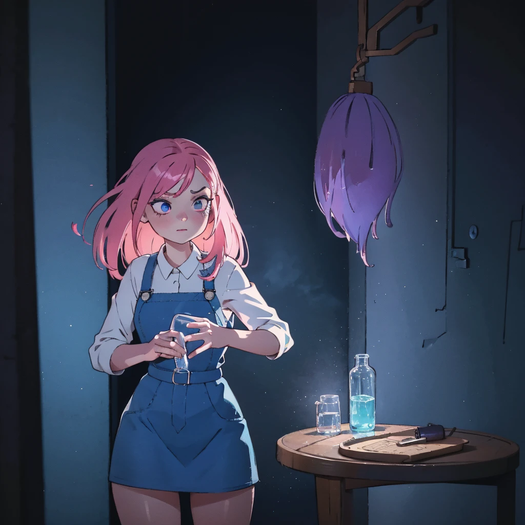 "Create a highly detailed and evocative image of a young woman with vibrant pink hair and slightly bluish skin. She should be portrayed in a dimly lit room in dark blue tones to emphasize a mood of anxiety, madness and paranoia. The setting should be surreal and disturbing, with shadows and dim light sources casting mysterious glows. In her hand, she holds a clear glass bottle filled with various colored pills, symbolizing her inner turmoil. and almost paranoid. The overall atmosphere of the image must be dark and oppressive, with the blue tones creating a cold and frightening environment. Details such as flickering lights, disturbing shadows and a feeling of claustrophobia must be present to enhance the feeling of discomfort.