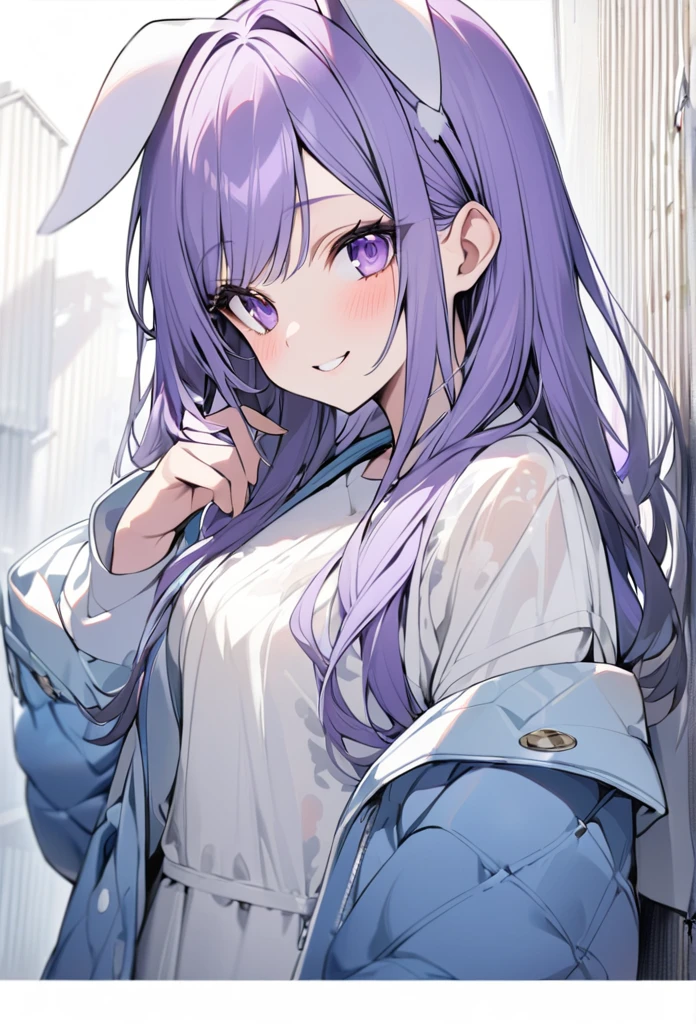(masterpiece)), ((Very detailed)), (andてもアクティブでクール), woman, alone, Cute attitude,((Jacket)),womanはandても(smile)and(White ears of rabbits)exterior, Purple Hair,Light purple eyes、background(Pure white wall),Long Hair、ゲーマー見たいなexterior,The clothes are see-through、Place one'In one hand'pocket、Jacketを着ている、Wearing a hood、anime painting