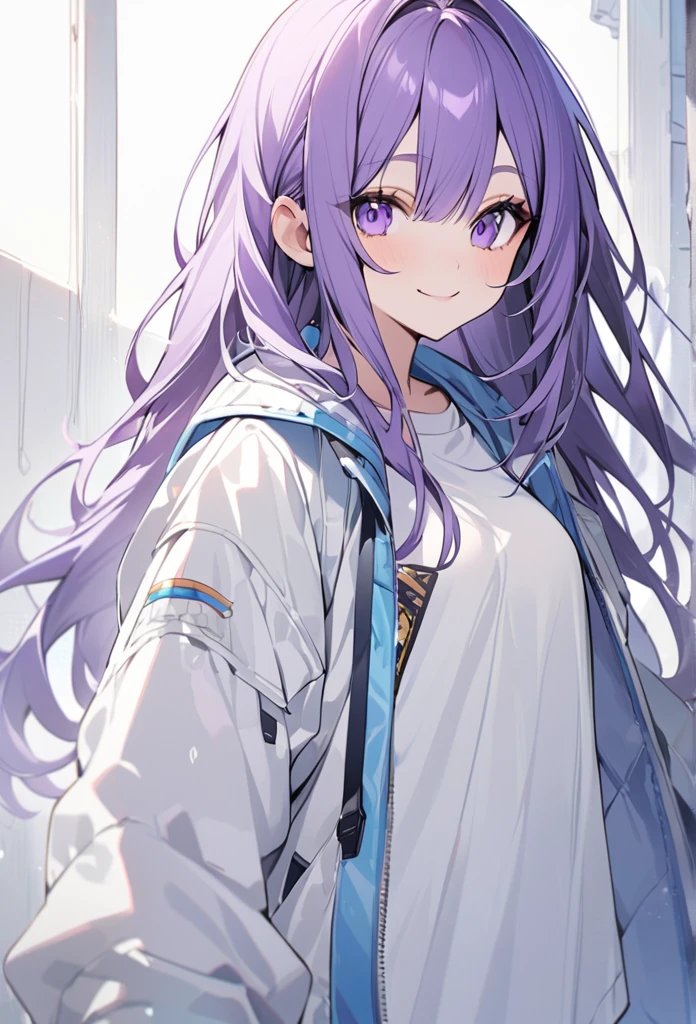 (masterpiece)), ((Very detailed)), (andてもアクティブでクール), woman, alone, Cute attitude,((Jacket)),womanはandても(smile)and(White ears of rabbits)exterior, Purple Hair,Light purple eyes、background(Pure white wall),Long Hair、ゲーマー見たいなexterior,The clothes are see-through、Place one'In one hand'pocket、Jacketを着ている、Wearing a hood、anime painting