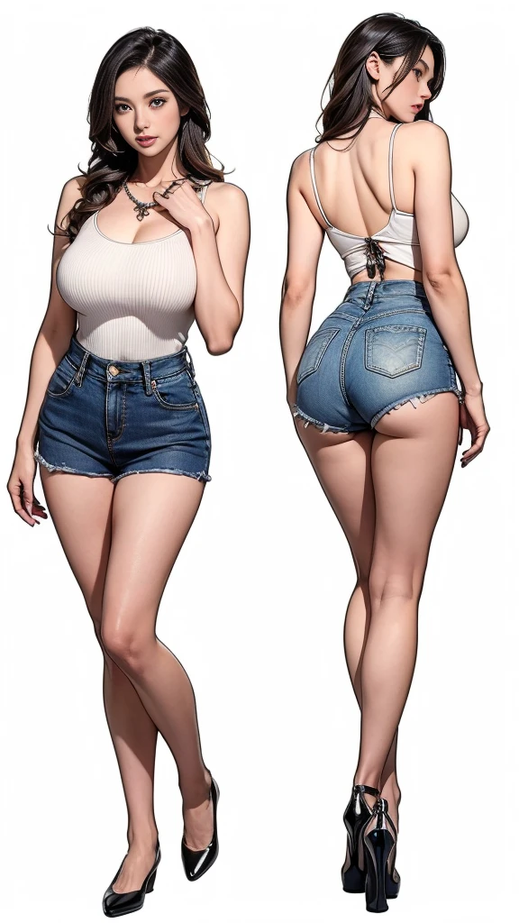 ((best quality,4k,highres,masterpiece:1.2)),((character concept art)), 1 female, age 36, milf, hot milf, (She has a fit and toned body shape), She has long elegance brunette hair, ((She has a perfect round and perky 700cc breast enhancement, which she doesn't shy away from flaunting and a full back tattoo, adding an edgy touch to her overall appearance)). (((She's wearing a form-fitting, low-cut top that accentuates her enhanced breasts, adding a touch of seductiveness to her look, pairing with high waist sexy hollow out ultra shorts denim summer shorts. The denim shorts are short enough to make her son and his friends blush))), (((She enhances her look with a pair of practical flats, suited for her busy lifestyle))), carrying her ensemble with an air of unapologetic confidence. Her accessories include a simple necklace that adds a subtle touch of elegance. ((intricate detail)), super finely detailed hands, ultra finely detailed fingers(((ten fingers))), (standing confidently), ((full body showcase)), ((show full body)), (no logos on background), (no logo), ((plain background)), ((plain background)), (((empty background))).

