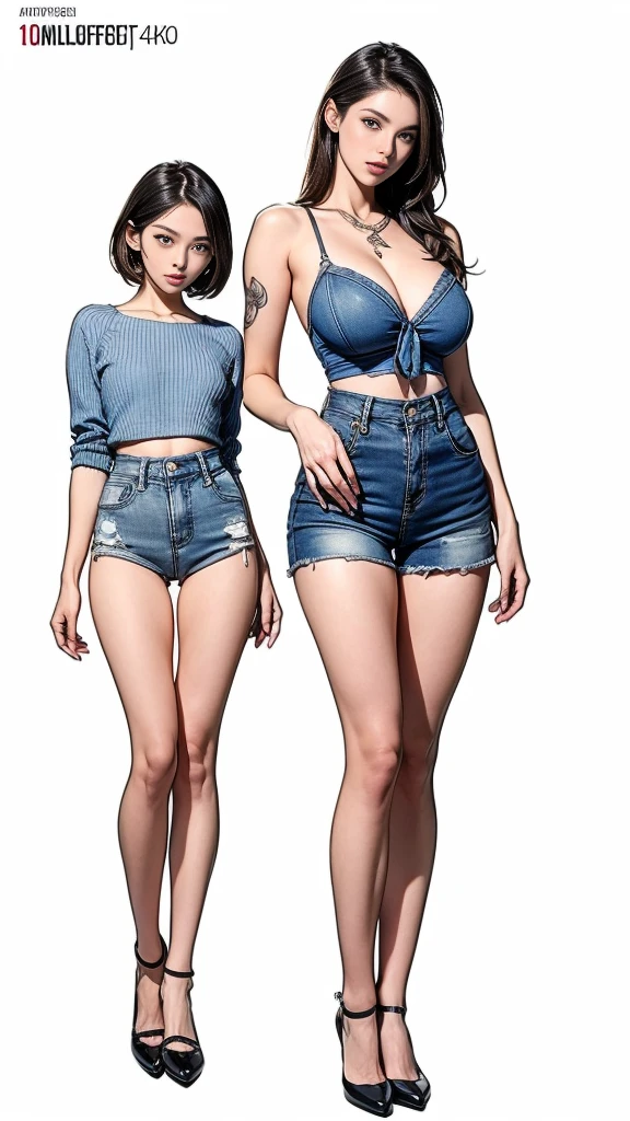 ((best quality,4k,highres,masterpiece:1.2)),((character concept art)), 1 female, age 36, milf, hot milf, (She has a fit and toned body shape), She has long elegance brunette hair, ((She has a perfect round and perky 700cc breast enhancement, which she doesn't shy away from flaunting and a full back tattoo, adding an edgy touch to her overall appearance)). (((She's wearing a form-fitting, low-cut top that accentuates her enhanced breasts, adding a touch of seductiveness to her look, pairing with high waist sexy hollow out ultra shorts denim summer shorts. The denim shorts are short enough to make her son and his friends blush))), (((She enhances her look with a pair of practical flats, suited for her busy lifestyle))), carrying her ensemble with an air of unapologetic confidence. Her accessories include a simple necklace that adds a subtle touch of elegance. ((intricate detail)), super finely detailed hands, ultra finely detailed fingers(((ten fingers))), (standing confidently), ((full body showcase)), ((show full body)), (no logos on background), (no logo), ((plain background)), ((plain background)), (((empty background))).