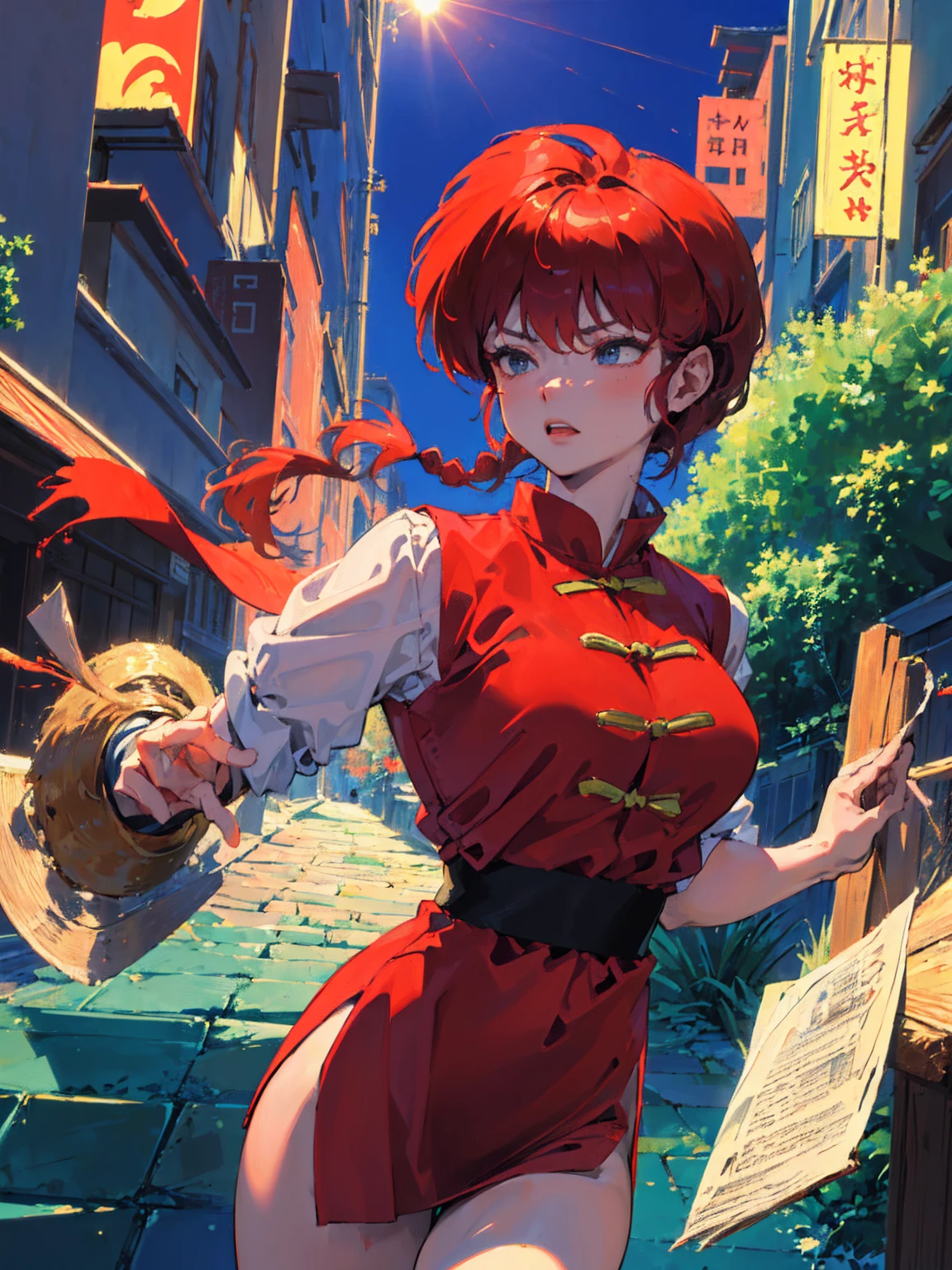 ((masterpiece:1.4)), expensive quality, very_expensive_solve, big_file size, Full Color, Thick outline, Clear contours, colorful, (Beautiful fine details, Are thin:1.4), ((Beautiful Face:1.0)), ((Boyish face:1.4)), 1 girl, (Ranma), (Redhead), short hair, (Braided Ponytail), ((bangs)), bumpy bangs, Blue-gray eyes, Big Breasts, Curvy, Ranma, Braided Ponytail, (Red Chinese Clothing, Short sleeves in red), No sleeve, Tangzhuang, Black trousers, Are standing, ((, Are thin:1.4)), ((from the front:1.4)), Are thin:1.4
