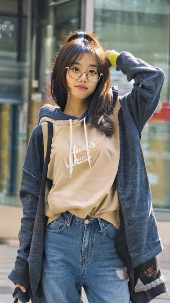 Cute small dark skin toned Chinese girl wearing glasses, extremely high detailed jeans, detailed , hoodie.