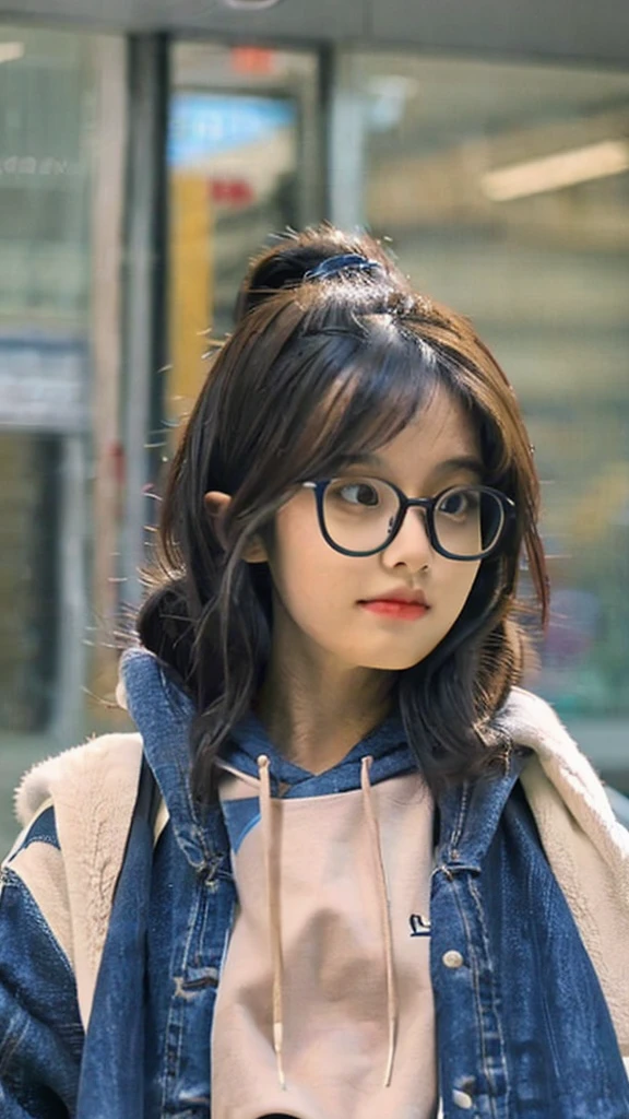 Cute small dark skin toned Chinese girl wearing glasses, extremely high detailed jeans, detailed , hoodie.
