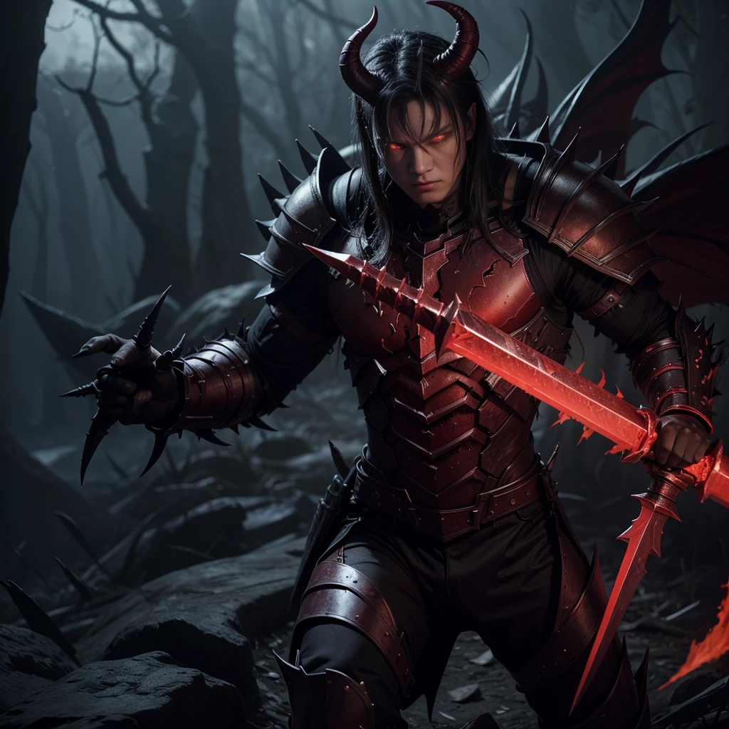 Demon, , dark sides, fighting, red color skin, alone, dark theme, with armor full of spike, biggest sword, dark fire sword, big horn, hell, scariest, very high