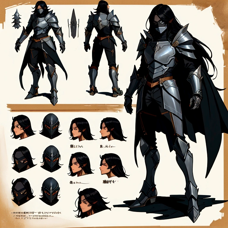 Sagittarius Knight, detailed armor, character sheet, full body, long black hair, mask on the face, deep, coffee eyes.
