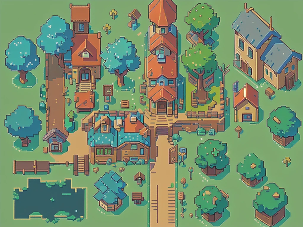 a close up of a pixel style map of a small town, tileset, tileset asset store, rpg game style, lo-fi retro videogame, perfectly tileable, 2 d texture, 2d texture, cottage town, 2d game asset, videogame asset, 2d game art, 2 d game art, 2d game fanart, detailed pixel art, pixel town