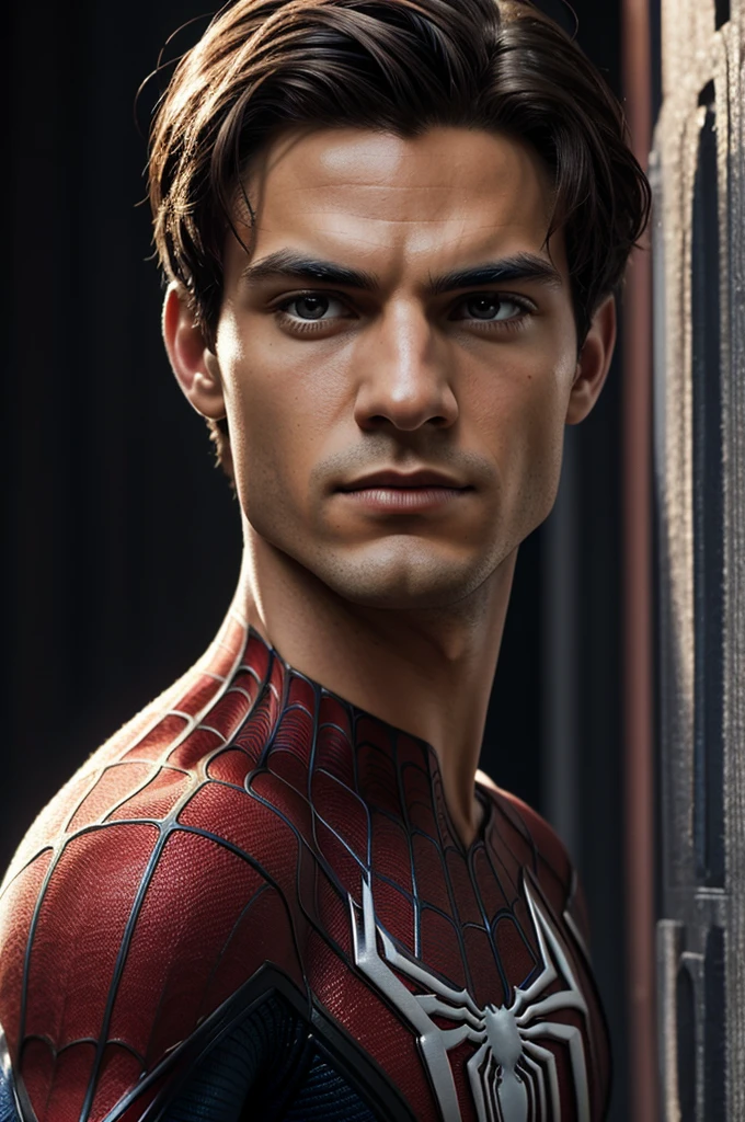 A photograph of Spider-Man., sin mascara, the 20s, elegant, detailed face, looking to the camera, portrait, 8k hd, high quality