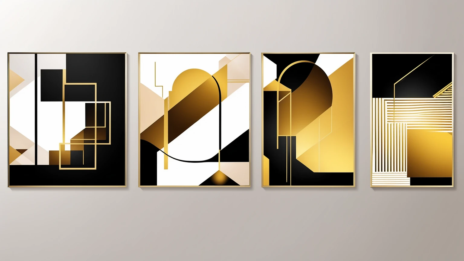 Set of three abstract posters with geometric shapes in gold frames, neutral background