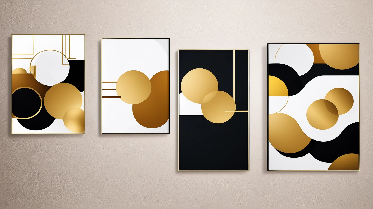 Set of three abstract posters with geometric shapes in gold frames, neutral background
