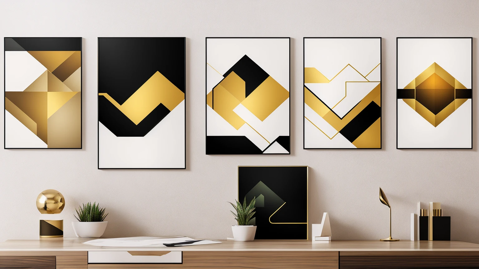 Set of three abstract posters with geometric shapes in gold frames, neutral background