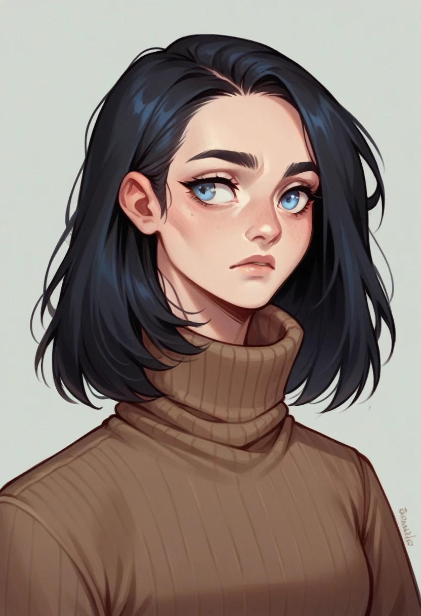 1 girl, Bblack hair, far away, brown sweater, high collar, look ahead, blue colored eyes, rosto angelical, Caucasian skin 