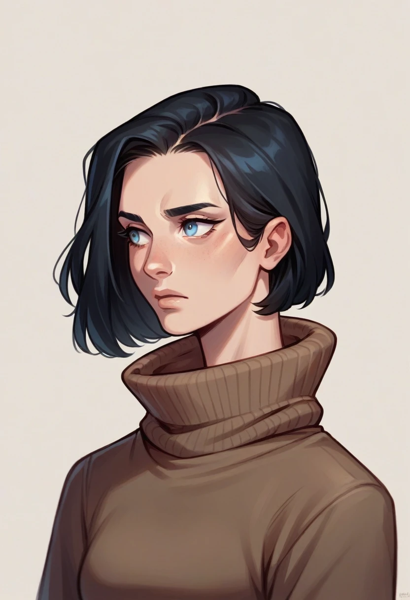 1 girl, Bblack hair, far away, brown sweater, high collar, look ahead, blue colored eyes, rosto angelical, Caucasian skin