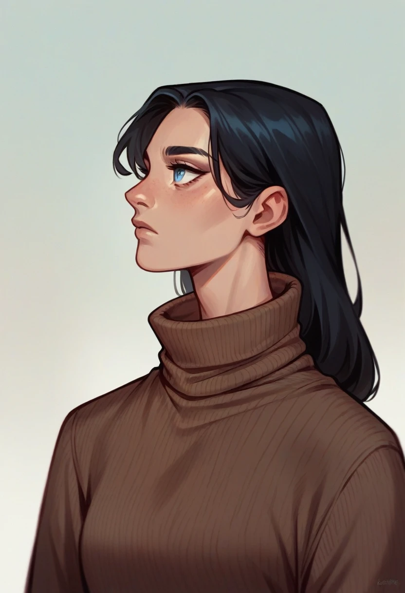 1 girl, Bblack hair, far away, brown sweater, high collar, look ahead, blue colored eyes, rosto angelical, Caucasian skin