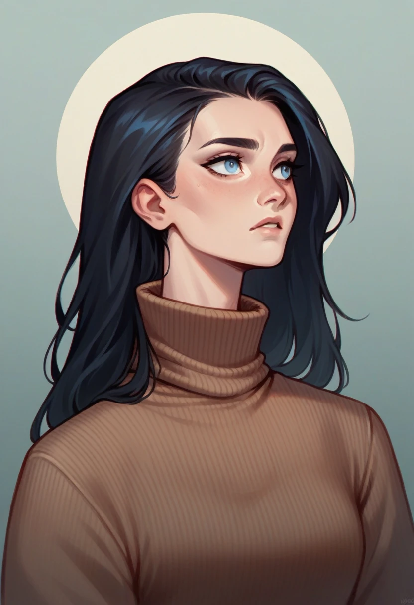 1 girl, Bblack hair, far away, brown sweater, high collar, look ahead, blue colored eyes, rosto angelical, Caucasian skin 