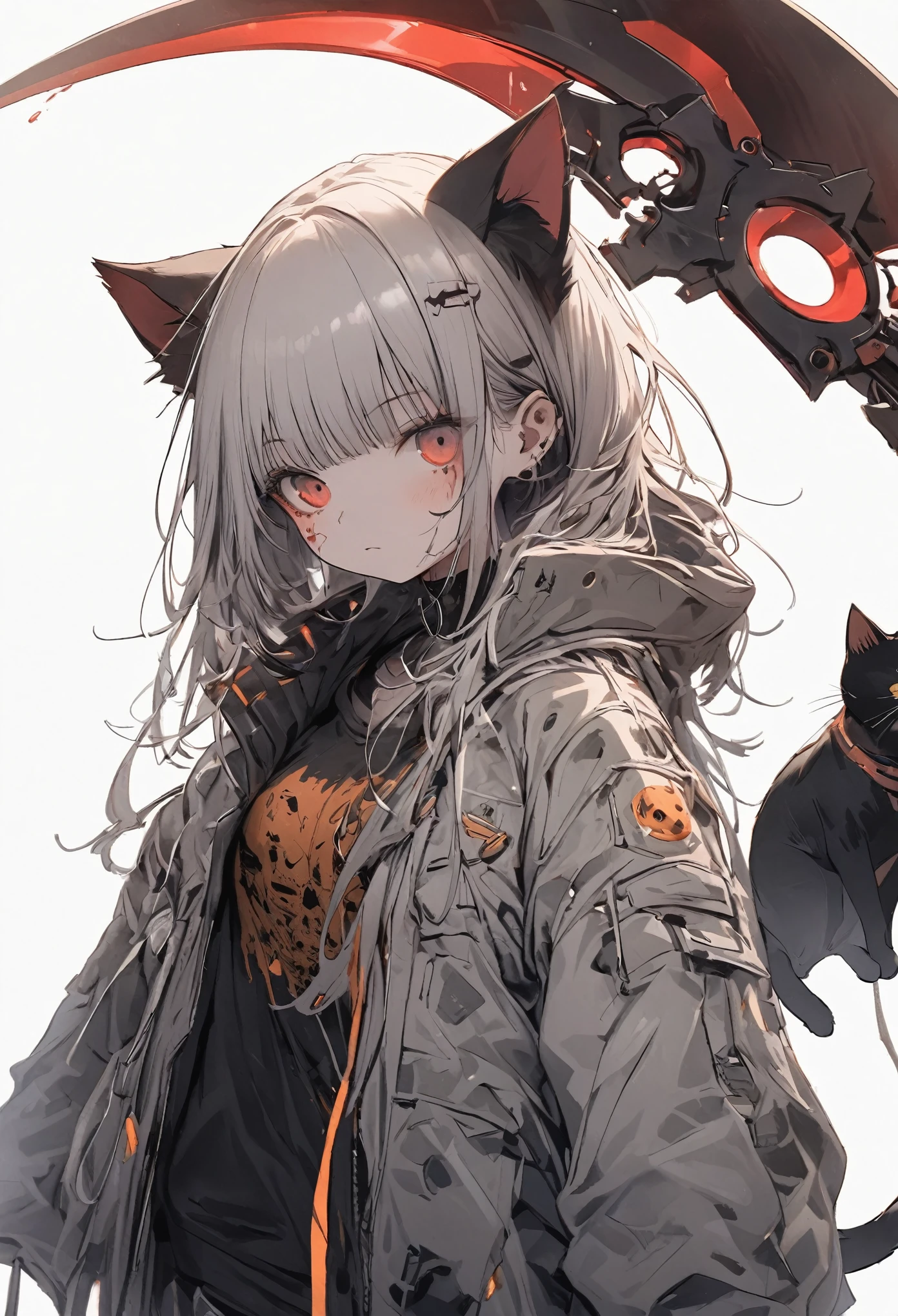 Detailed silhouette of a cyberpunk girl with cat ears and a tail, wearing a flowing, tattered coat, holding a blood huge scythe that includes a mechanical cat design, standing on a glossy, reflective surface with a minimalistic, soft gray background.