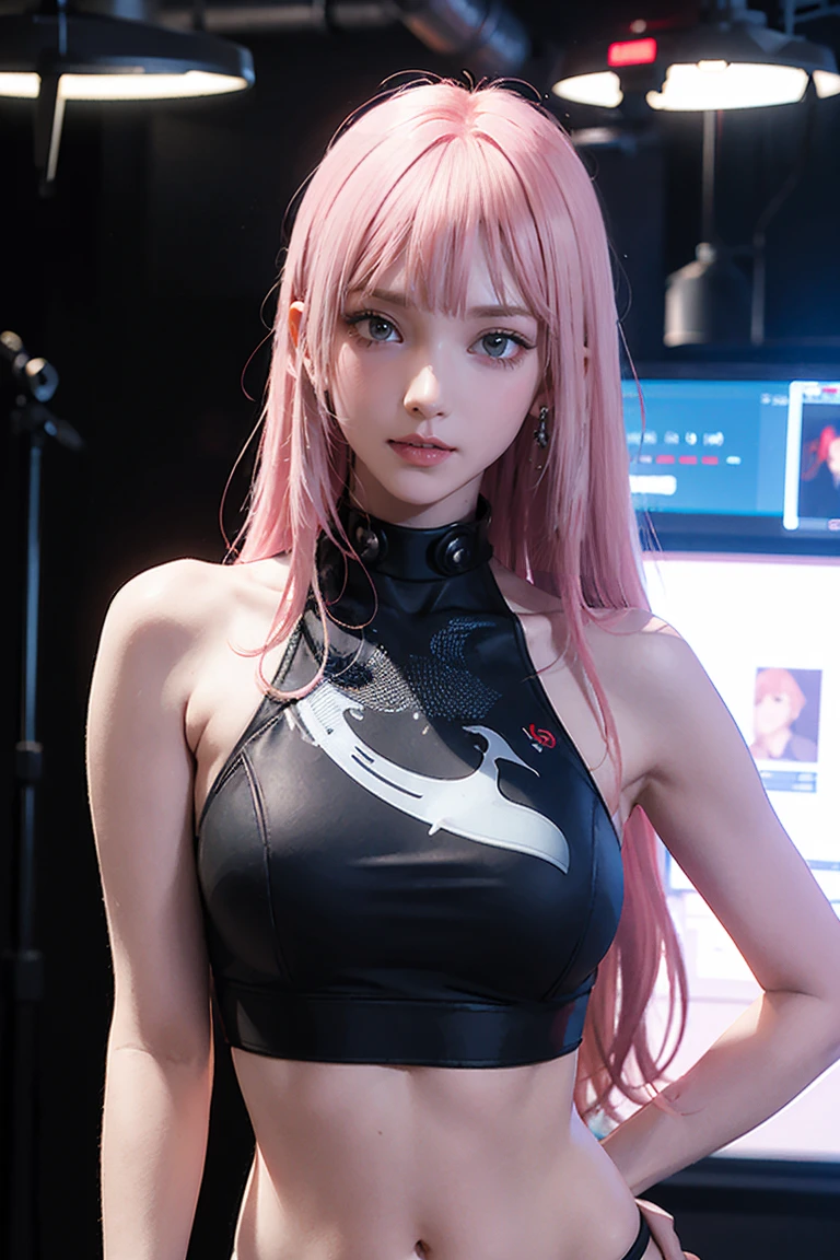 Highest quality, Ultra-high resolution, Realistic, NSFW, Cyberpunk one girl sexy pink hair、Taking photos in a studio environment with a gray background, View your viewers, Upper Body, thin, Visible cracks, Crop top,