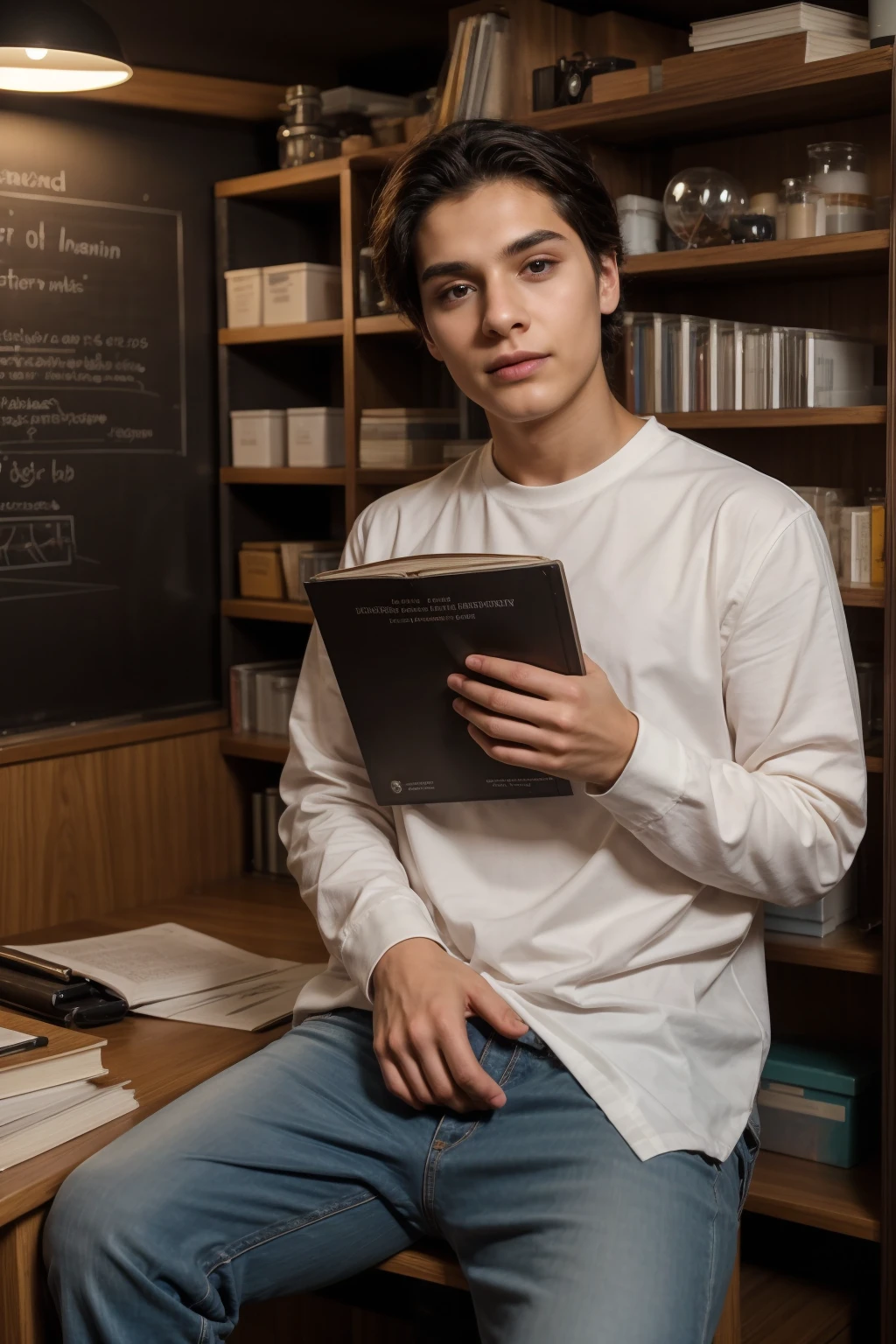 A beautiful young man, a cute twinkle, male. He has black hair and a face with makeup. He is wearing a white long-sleeved shirt and black jeans. He is in his huge scientific office, and behind him is a blackboard with chemical reactions written on it. He is sitting studying and at a desk with a general medicine book on it. He looks on proudly.