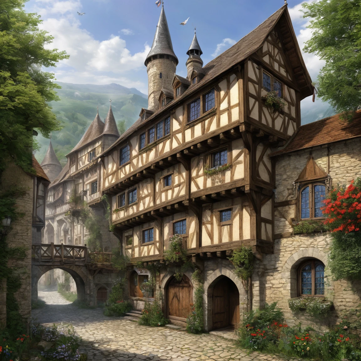(best quality)), ((masterpiece)), ((realistic,digital art)), (super detailed), (grand échoppe de fourrures), (medieval fantasy style), fourrures diverses