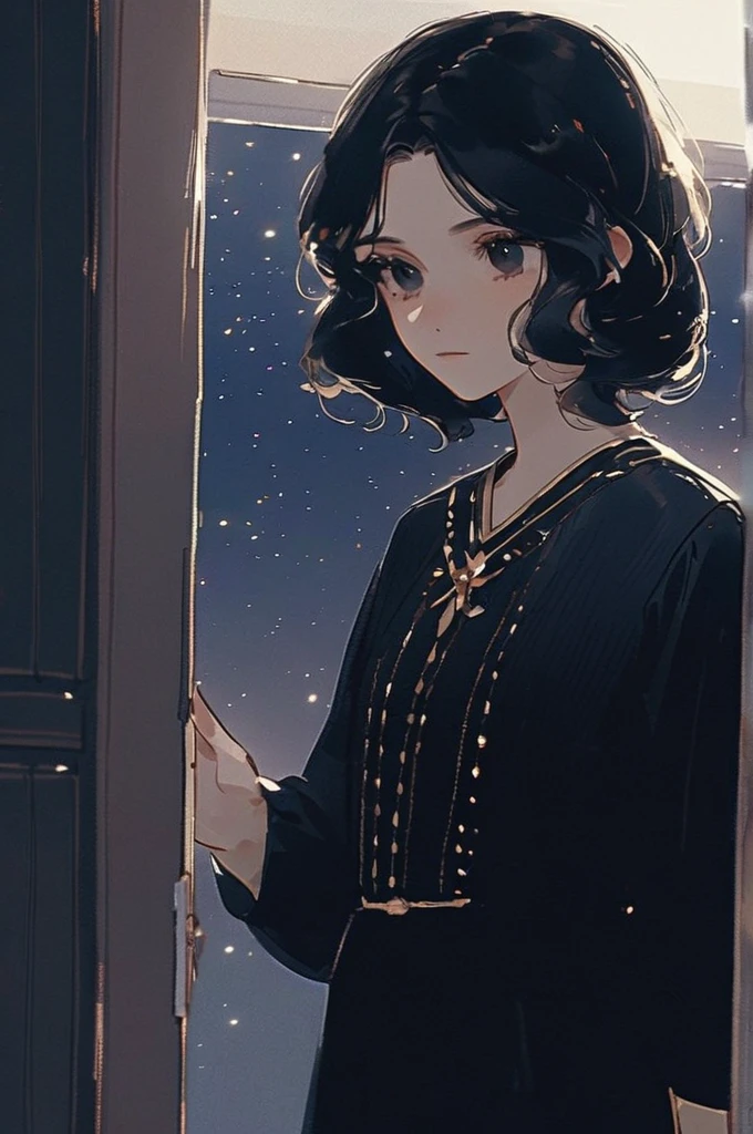 ((Лучшее качество)), ((шедевр)), (подробный), A girl in a black dress in an apartment looks out the window at night and looks at the stars