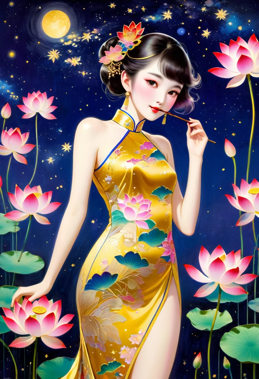 attractive young girl with lotus flowers, golden Cheongsam, dream under the summer starry sky, paraphernalia, from the shoulder, Very colorful,
 Best Improvisation,  ((Louis_Icart style!)), ((perfect full body detail)), magic naive art, primitivism, protogen, crimson/liliac
, ((best quality, Masterpiece)), ((Highest detail)), RAW:1,1, 8k