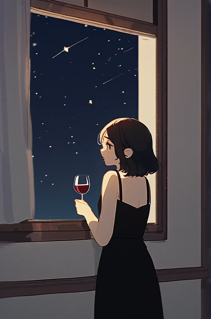 ((Лучшее качество)), ((шедевр)), (подробный), a girl in a black dress holds a glass of wine in her hands in an apartment looks out the window at night and looks at the stars