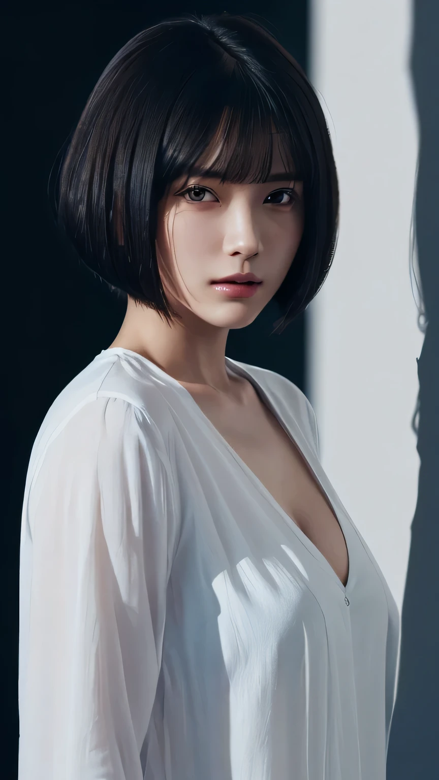 (masterpiece, highest quality, beautiful quality, realistic, detailed lighting, highly detailed skin, highly detailed hair, Shadow, 8K, women pictures, black hair, bob cut, Upper body, 1 girl, fc portrait:1.2), (cleavage)