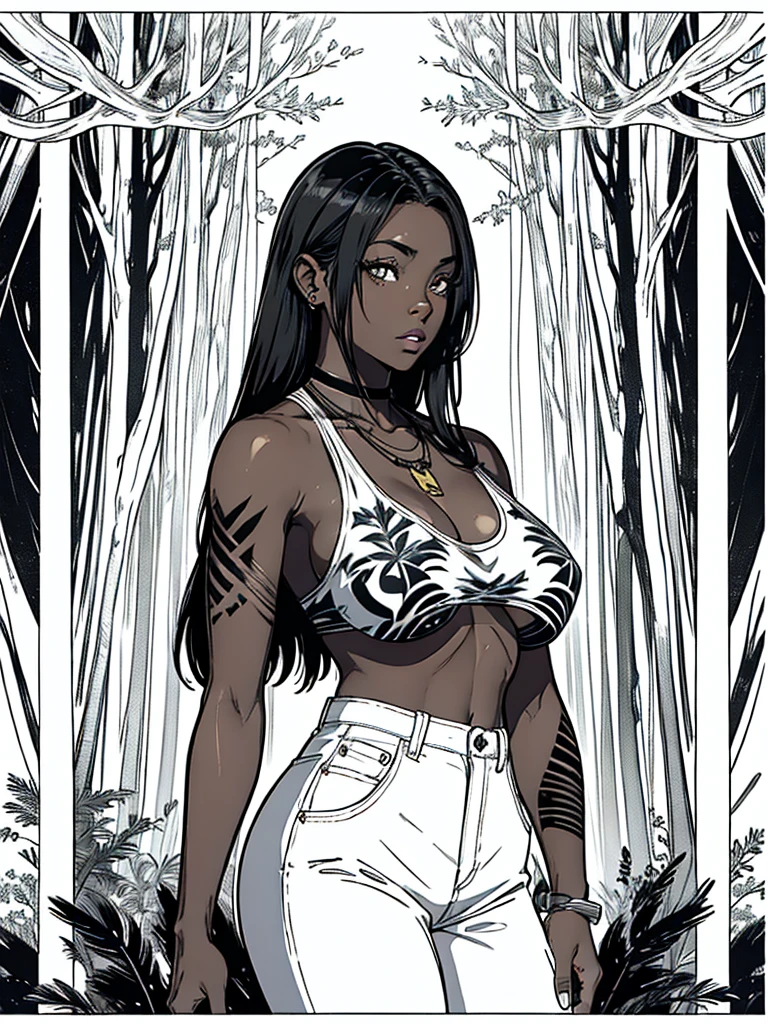 1 beautiful woman, darkskin, steep nose, fine lips, extremely long hair (blackw), busty, {muscular}, {tribal neck tattoo}, using military dog tag, wearing tank top (offwhite), {Centered image}, {just face and chest photo}, background forest (at dusk), manga line art