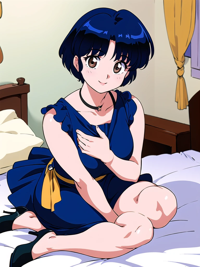 HDR, CG, sharp focus, (8k), (4k), masterpiece, best quality, detailed skin, extremely detailed, hiper detailed, sharp focus, looking at viewer, high quality, AKANE, Akane tendou, short hair, blue hair, brown eyes ,curtain pelvic DRESS, tetas grandes bush, solo, 1girl, sit on BED, BEDROOM background, hands on chest, heels, black dress, cute smile,