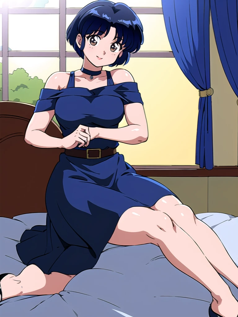 HDR, CG, sharp focus, (8k), (4k), masterpiece, best quality, detailed skin, extremely detailed, hiper detailed, sharp focus, looking at viewer, high quality, AKANE, Akane tendou, short hair, blue hair, brown eyes ,curtain pelvic DRESS, tetas grandes bush, solo, 1girl, sit on BED, BEDROOM background, hands on chest, heels, black dress, cute smile,