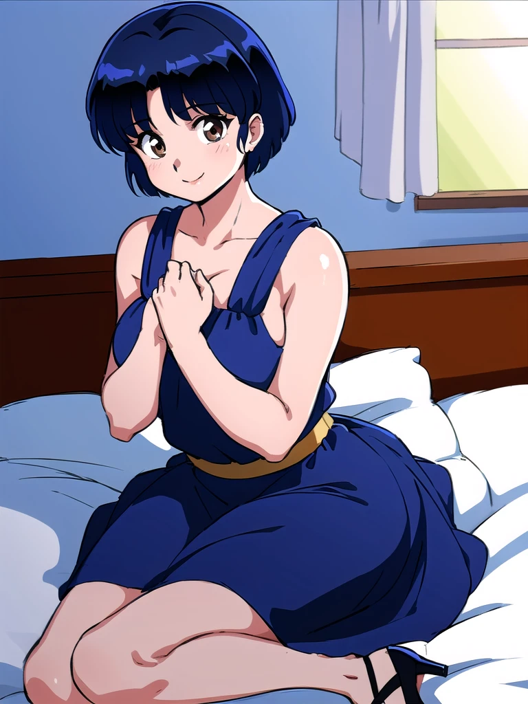 HDR, CG, sharp focus, (8k), (4k), masterpiece, best quality, detailed skin, extremely detailed, hiper detailed, sharp focus, looking at viewer, high quality, AKANE, Akane tendou, short hair, blue hair, brown eyes ,curtain pelvic DRESS, tetas grandes bush, solo, 1girl, sit on BED, BEDROOM background, hands on chest, heels, black dress, cute smile,