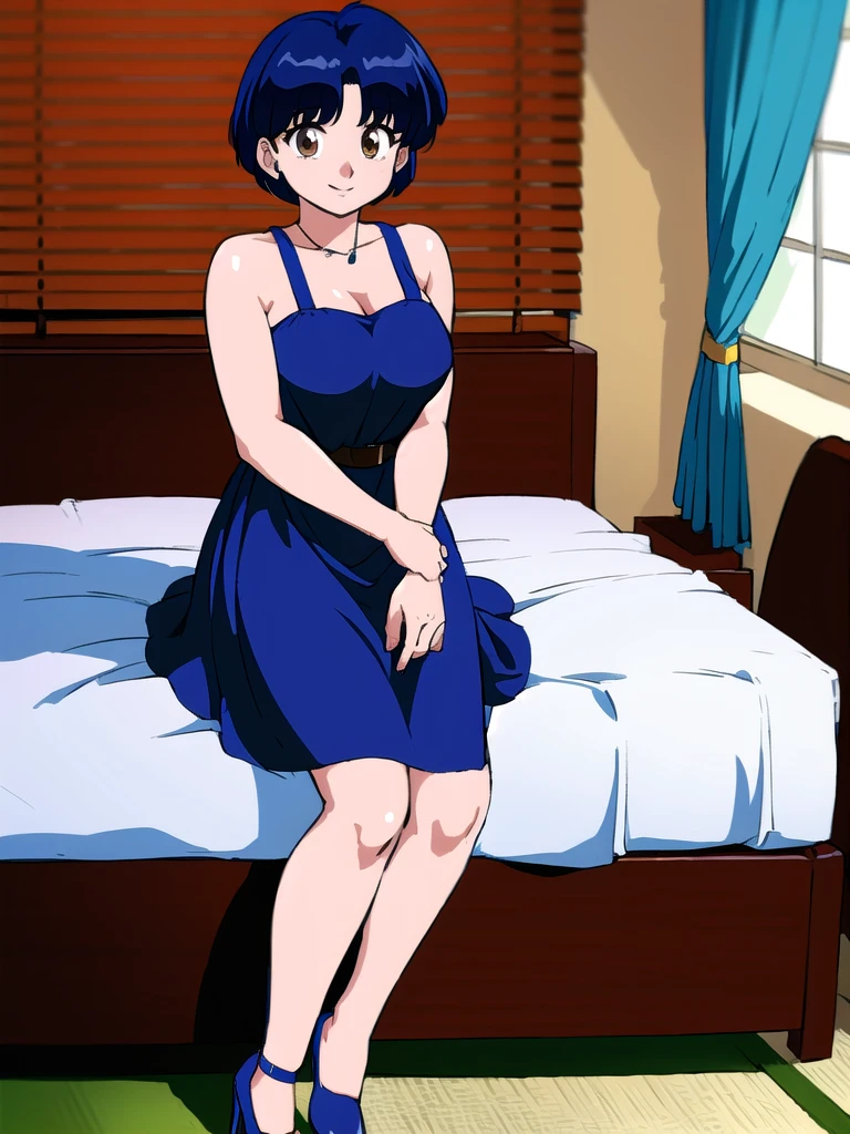 HDR, CG, sharp focus, (8k), (4k), masterpiece, best quality, detailed skin, extremely detailed, hiper detailed, sharp focus, looking at viewer, high quality, AKANE, Akane tendou, short hair, blue hair, brown eyes ,curtain pelvic DRESS, tetas grandes bush, solo, 1girl, sit on BED, BEDROOM background, hands on chest, heels, black dress, cute smile,  
