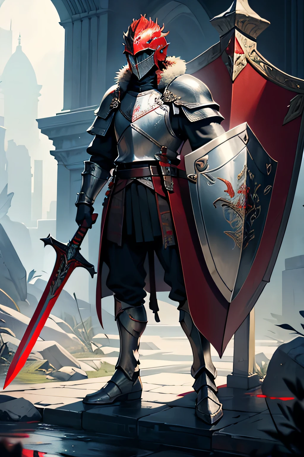 A knight in shining armor with a helmet adorned with red plumes. He holds a sword with glowing runes and a shield emblazoned with a Lion.. He is standing on the ground as if waiting for someone to go to war.
