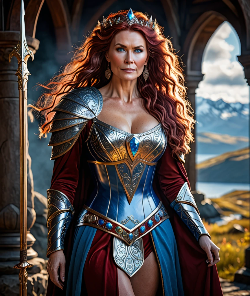Full body Portrait of the Great Nordic Queen, a very gorgeous woman, 50 years old, thick healthy body, erotic warrior costumes, dark red styled fluffy hair, natural Blue eyes, a nose with a bump, an elongated chin, dressed in ancient national, attractive figure, captivating beauty,
8k resolution, dynamic lighting hyperdetailed intricately detailed Splash art trending on Artstation triadic colors Unreal Engine 5 volumetric lighting, oil painting, heavy strokes
